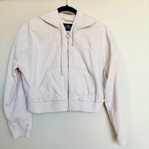 Hollister Cropped Corduroy Hoodie Jacket, Cream Zip Up Y2K Ring Zip Sz Medium